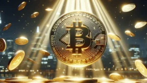 Gráfico de preço do Bitcoin em declínio com elementos de ações de tecnologia sobrepostos, em ambiente de iluminação sombria.