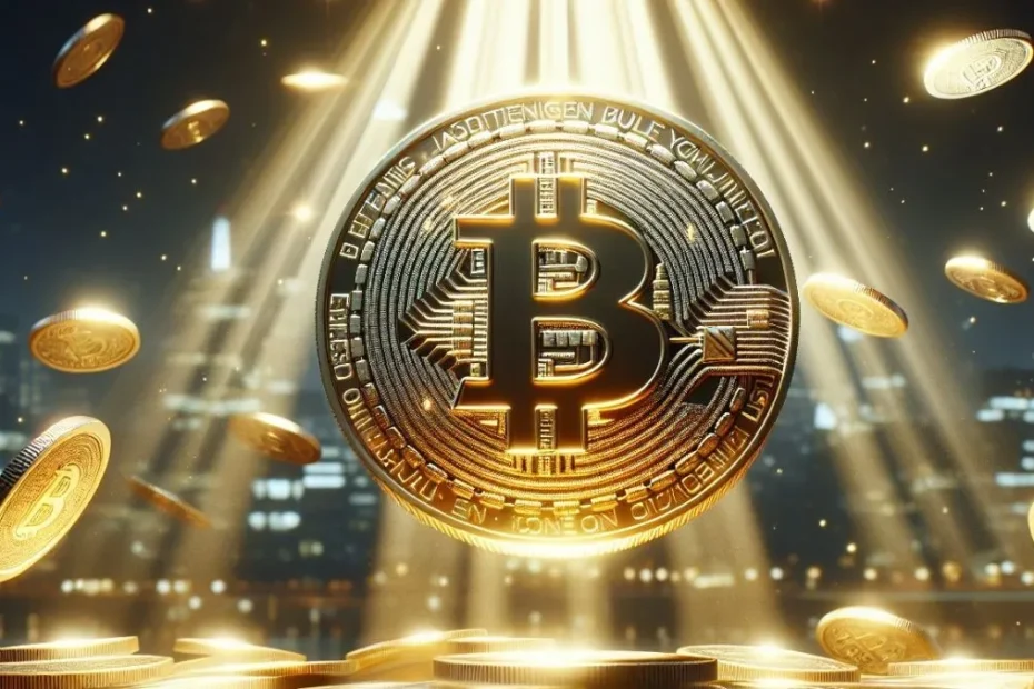 Gráfico de preço do Bitcoin em declínio com elementos de ações de tecnologia sobrepostos, em ambiente de iluminação sombria.