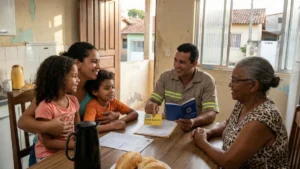 Pessoa analisando contracheque e extrato do Bolsa Família, simbolizando a transição para o trabalho formal.