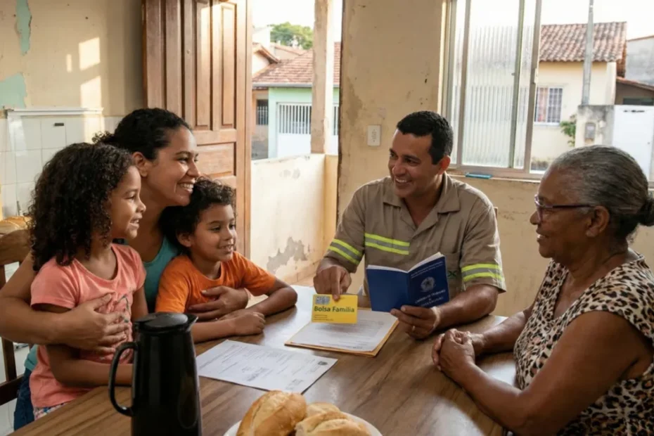 Pessoa analisando contracheque e extrato do Bolsa Família, simbolizando a transição para o trabalho formal.