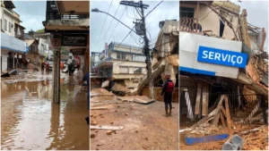 Equipes de resgate auxiliam moradores em área inundada em Juiz de Fora, MG, após chuvas intensas.