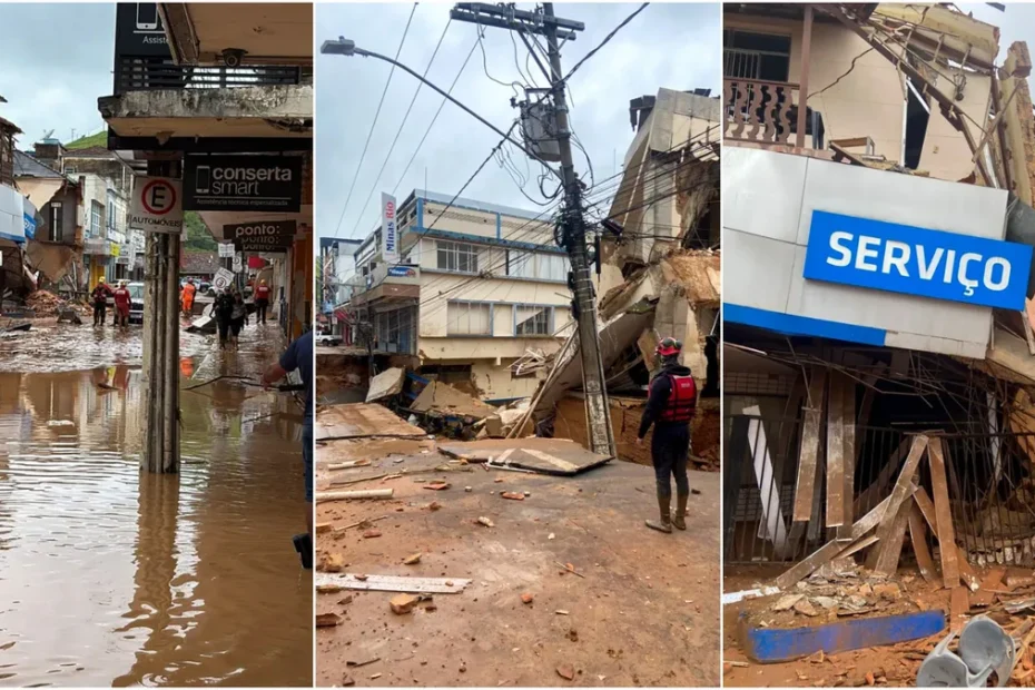 Equipes de resgate auxiliam moradores em área inundada em Juiz de Fora, MG, após chuvas intensas.