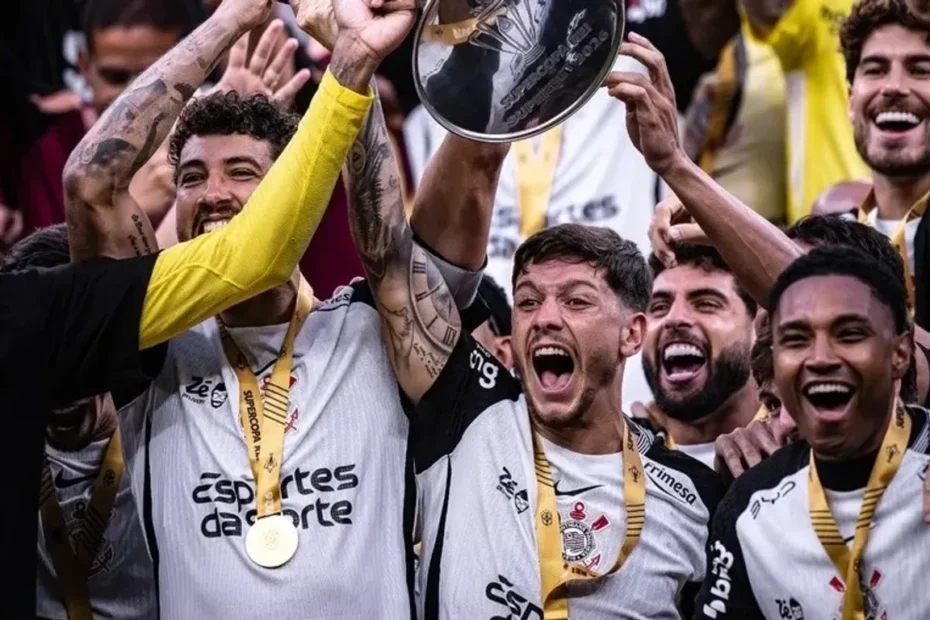 Jogadores do Corinthians comemorando em campo, com logos da Esportes da Sorte visíveis