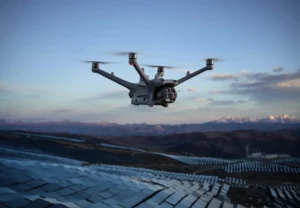 Drone agrícola em operação sobre plantação ao amanhecer