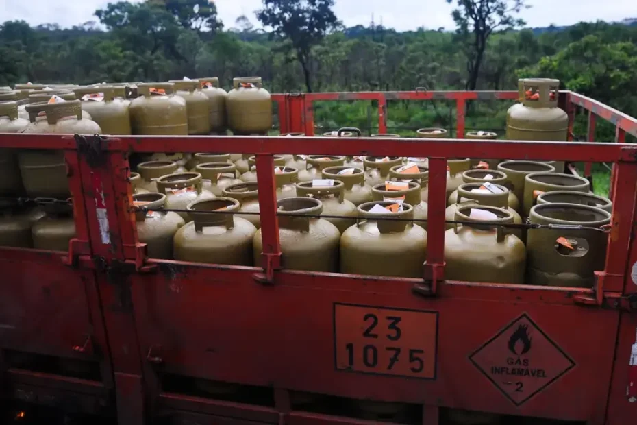 Mulher beneficiária do Bolsa Família sorri segurando botijão de gás gratuito