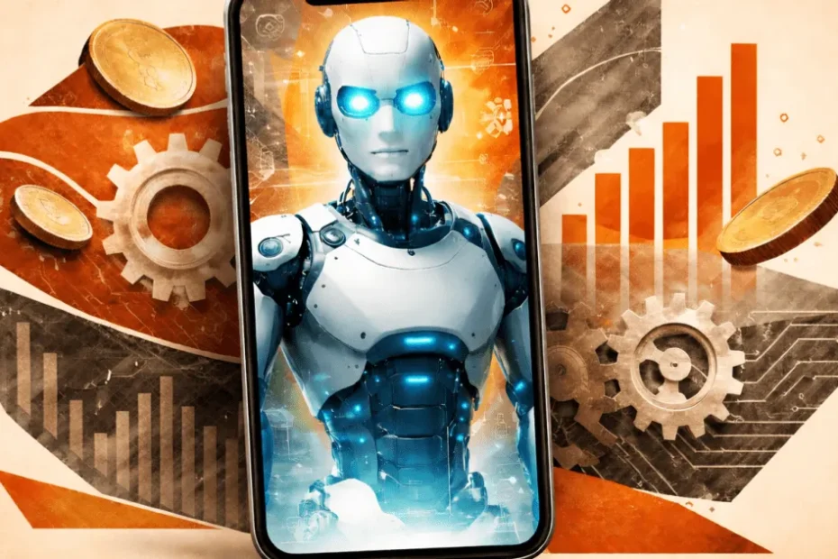 Smartphone com interface de inteligência artificial em destaque, representando a inovação tecnológica em dispositivos móveis.