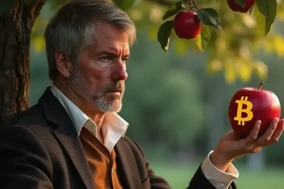 Michael Saylor sorri confiante em frente a gráficos do Bitcoin