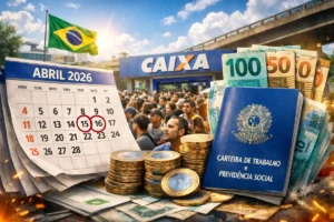 Mãos segurando um celular exibindo o calendário de pagamentos do PIS/Pasep 2026.