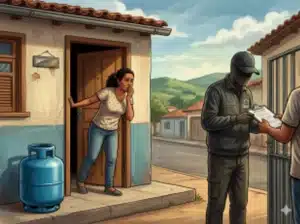 Assistente social orienta beneficiária sobre o programa Gás do Povo em frente a sua casa.
