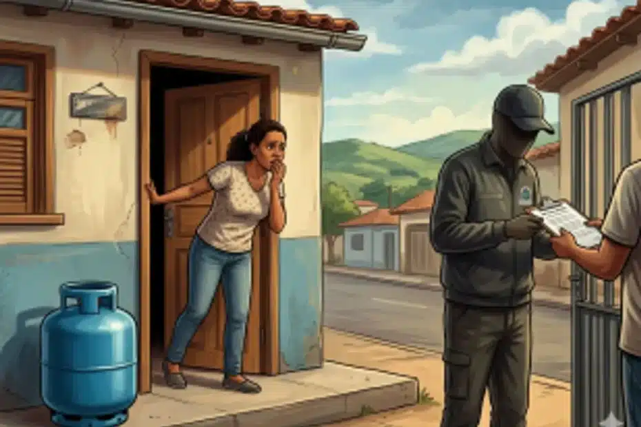 Assistente social orienta beneficiária sobre o programa Gás do Povo em frente a sua casa.