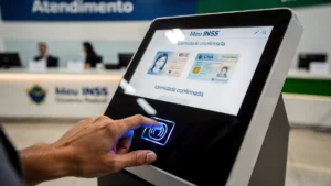 Pessoas de diferentes idades realizando cadastro biométrico digital para acesso a benefícios do INSS e Bolsa Família, com foco em segurança e digitalização.