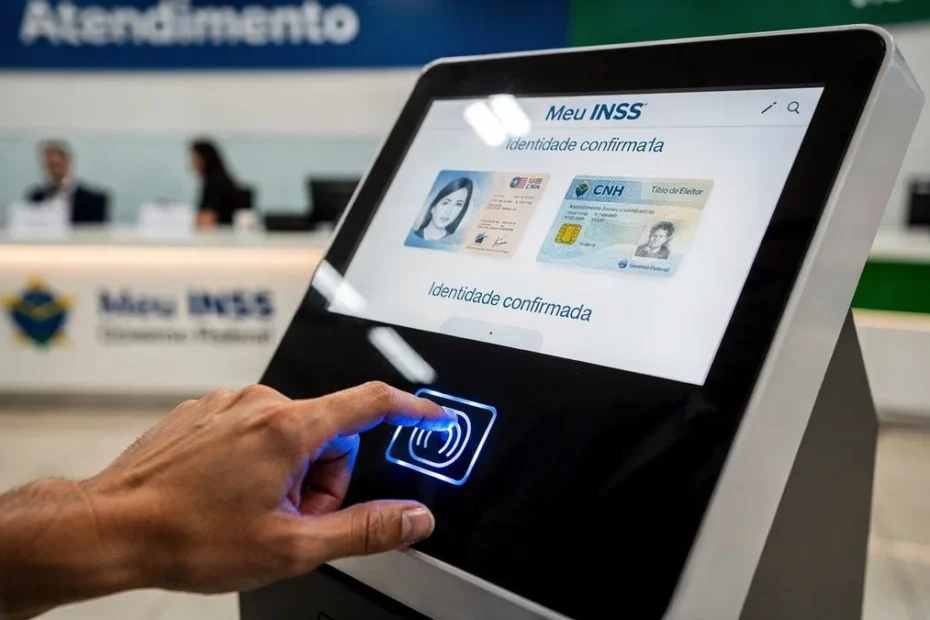 Pessoas de diferentes idades realizando cadastro biométrico digital para acesso a benefícios do INSS e Bolsa Família, com foco em segurança e digitalização.