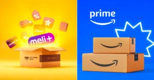 Comparativo de caixas de entrega da Amazon e Mercado Livre representando a disputa entre Amazon Prime e Meli+