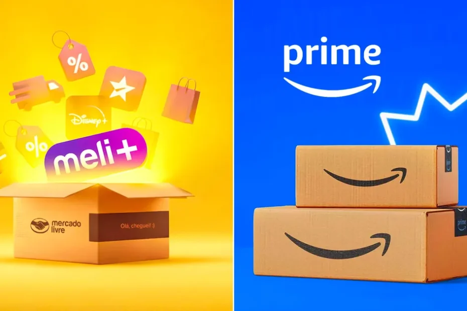 Comparativo de caixas de entrega da Amazon e Mercado Livre representando a disputa entre Amazon Prime e Meli+