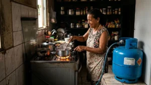 Mulher verifica o botijão de gás em cozinha simples, transmitindo a preocupação em garantir o auxílio.