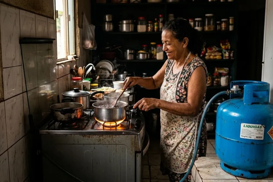 Mulher verifica o botijão de gás em cozinha simples, transmitindo a preocupação em garantir o auxílio.