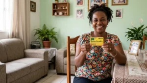 Mulher analisa papéis sobre benefícios sociais
