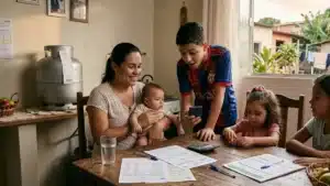 Mãe checando o extrato do Bolsa Família no celular com um bebê no colo