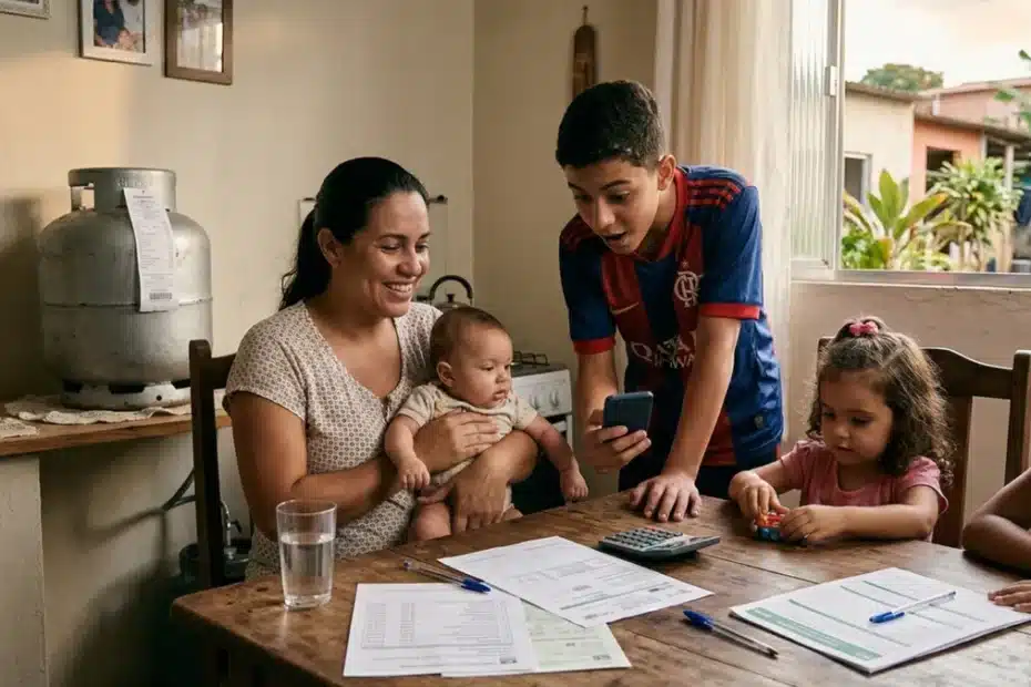 Mãe checando o extrato do Bolsa Família no celular com um bebê no colo