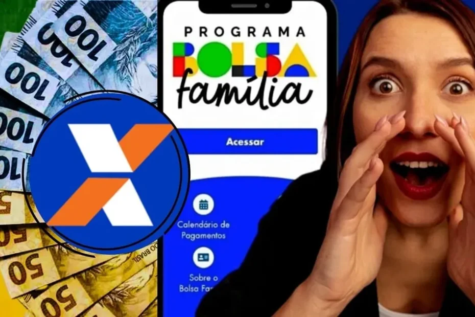 Mãos segurando um celular com o aplicativo Caixa Tem aberto, mostrando o pagamento do Bolsa Família