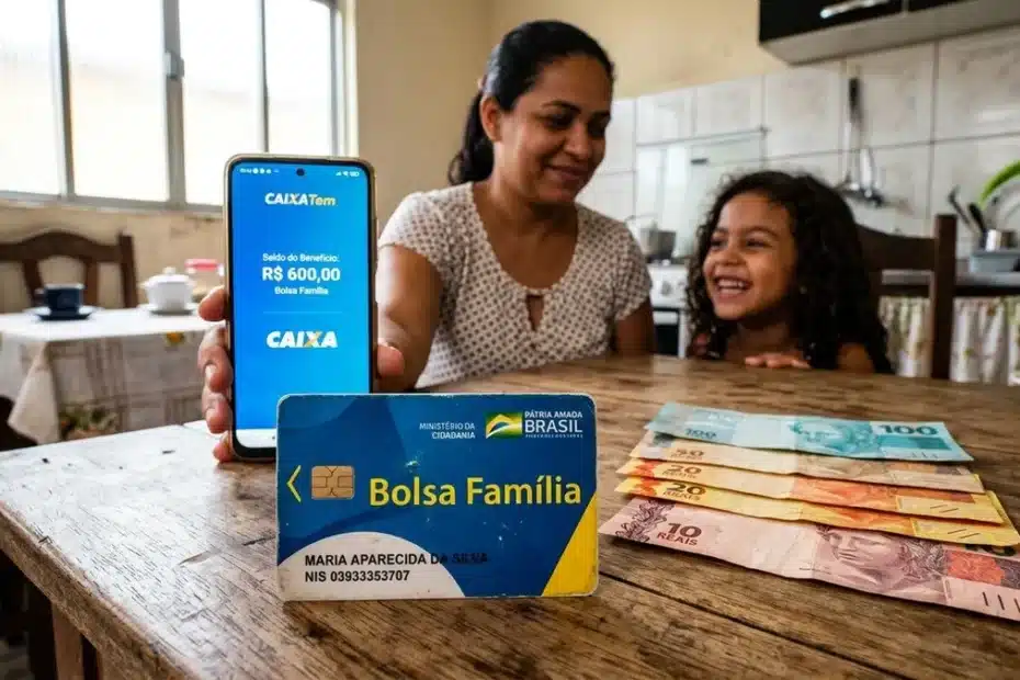 Família consultando o calendário de pagamentos do Bolsa Família pelo celular