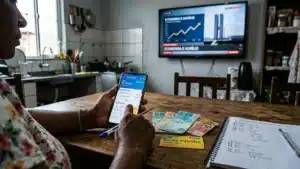 Mãe com filho e cartão do Bolsa Família, simbolizando planejamento financeiro e esperança de pagamento extra.