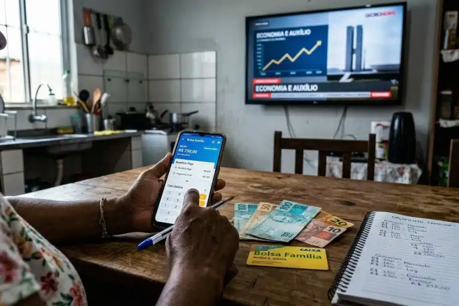 Mãe com filho e cartão do Bolsa Família, simbolizando planejamento financeiro e esperança de pagamento extra.