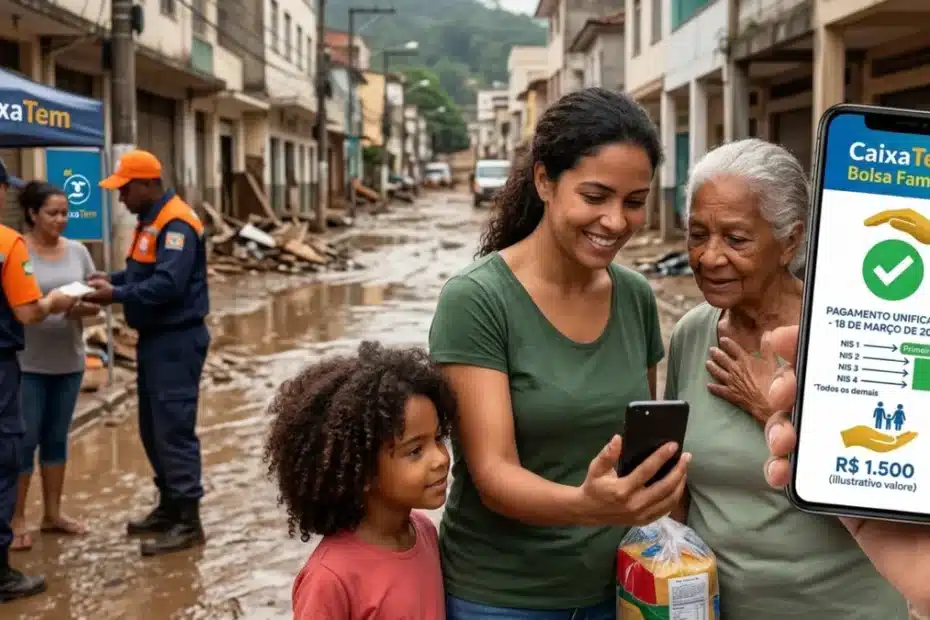 Família afetada por desastre recebe pagamento antecipado do Bolsa Família.