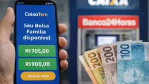 Celular mostrando aplicativo Caixa Tem com saldo do Bolsa Família