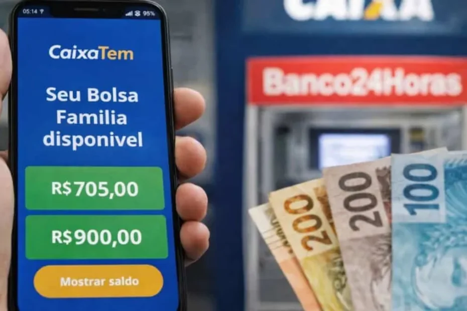 Celular mostrando aplicativo Caixa Tem com saldo do Bolsa Família