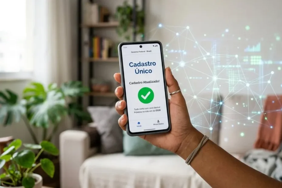 Mãe e filho olhando folheto sobre atualização do CadÚnico em unidade do CRAS.