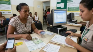 Senhora preocupada com documento do INSS sobre bloqueio de benefício BPC.