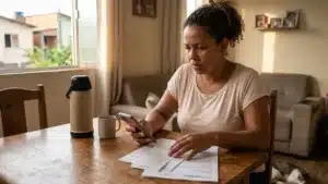 Mulher sorri ao atualizar dados no aplicativo do Cadastro Único para evitar bloqueio de benefício.