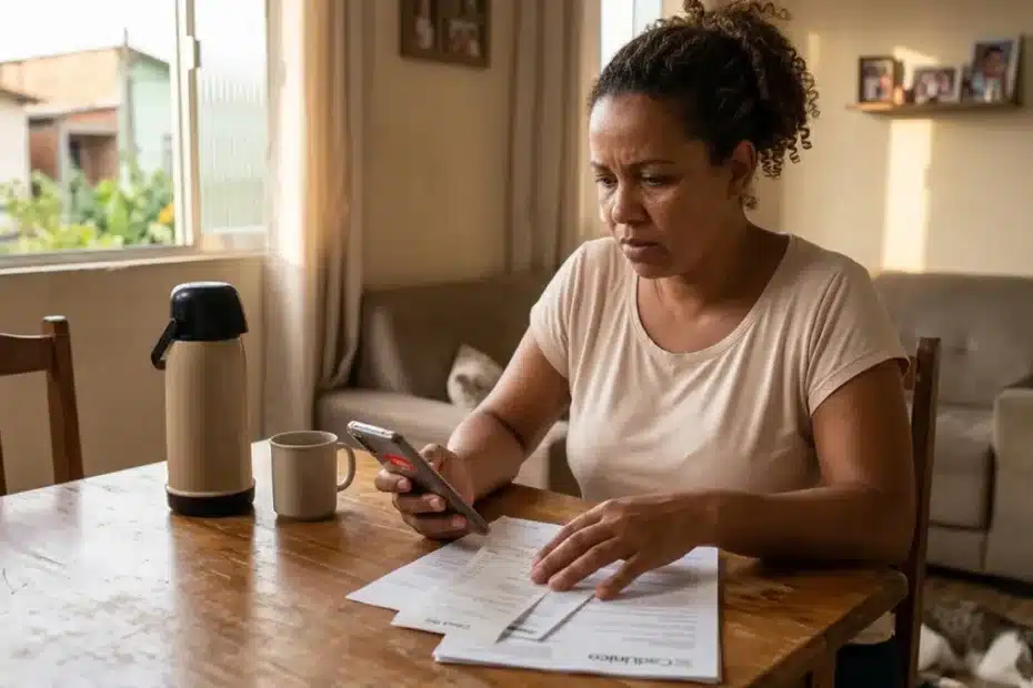 Mulher sorri ao atualizar dados no aplicativo do Cadastro Único para evitar bloqueio de benefício.
