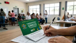 Mulher atualizando CadÚnico em centro de atendimento social