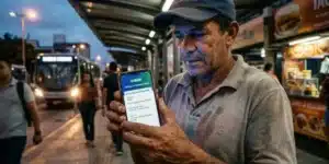 Trabalhadores brasileiros consultando o pagamento do PIS/Pasep em seus celulares, com um cartão bancário na mão.