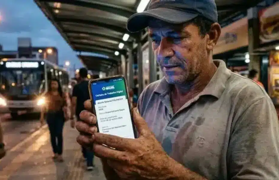 Trabalhadores brasileiros consultando o pagamento do PIS/Pasep em seus celulares, com um cartão bancário na mão.