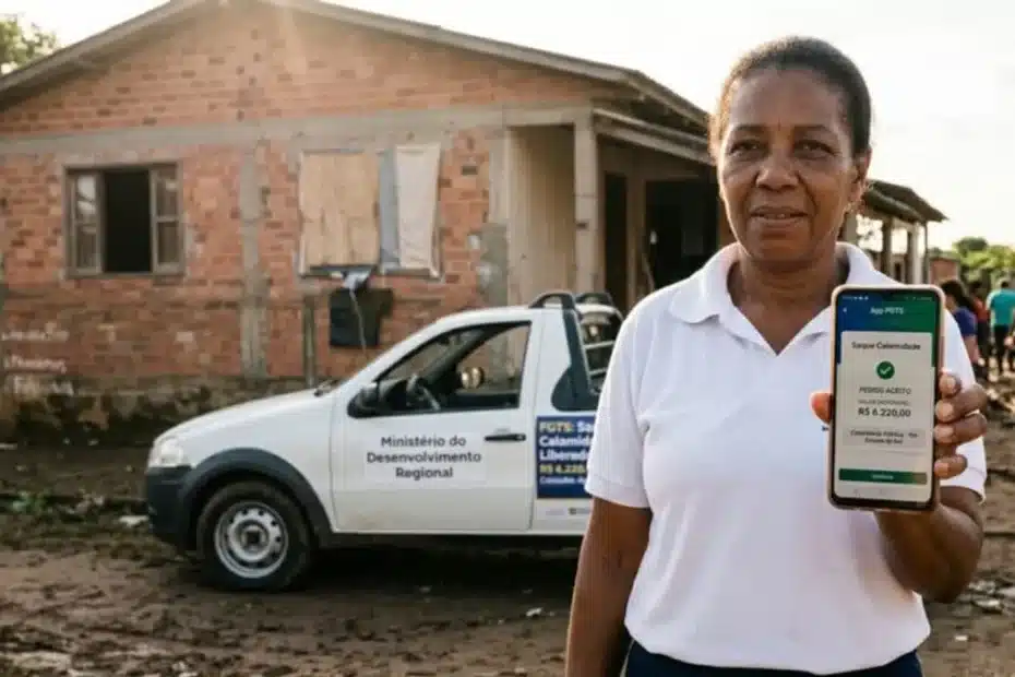 Morador utilizando aplicativo bancário após enchente, simbolizando acesso ao saque calamidade do FGTS