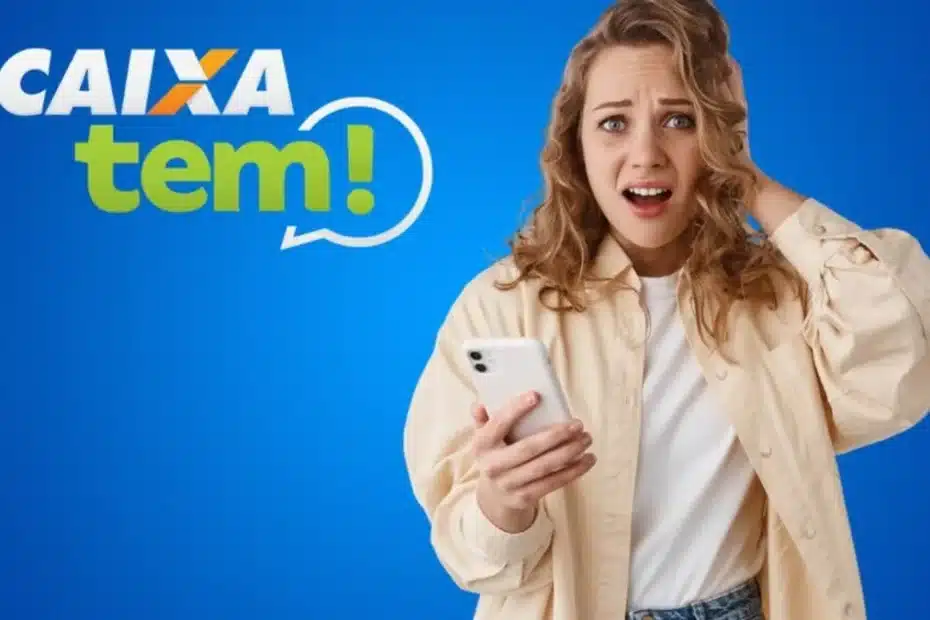 Pessoa olhando o celular com o saldo zerado no aplicativo Caixa Tem, expressando preocupação.