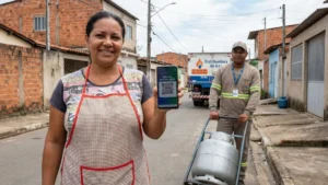 Família recebendo botijão de gás com auxílio do programa Gás do Povo.