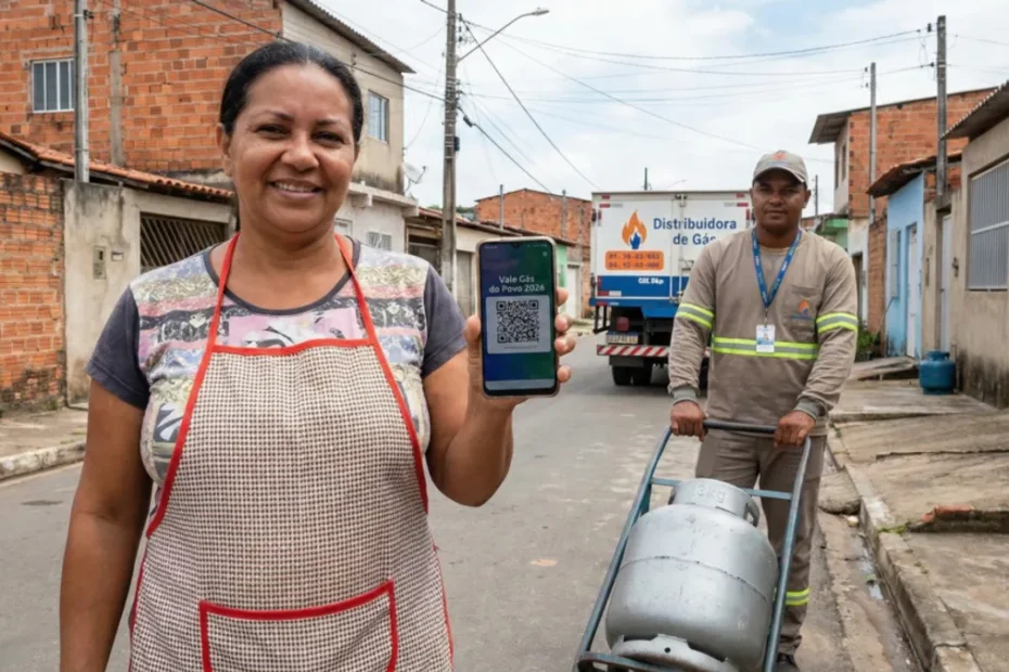 Família recebendo botijão de gás com auxílio do programa Gás do Povo.
