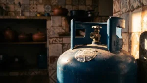 Família brasileira de baixa renda recebendo um botijão de gás de 13 kg gratuito pelo programa Gás do Povo