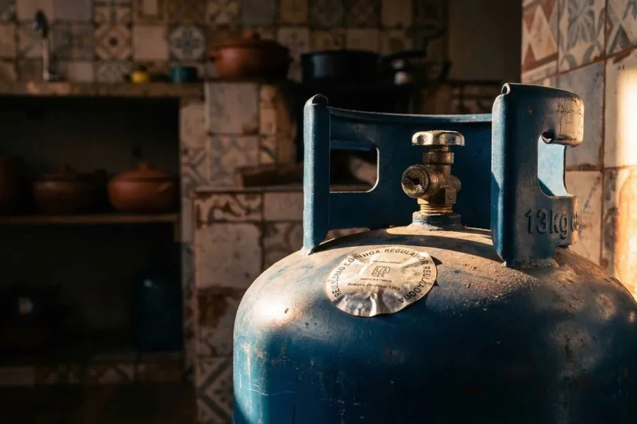 Família brasileira de baixa renda recebendo um botijão de gás de 13 kg gratuito pelo programa Gás do Povo