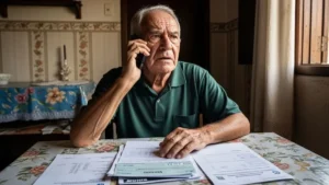 Cidadão olha preocupado para tela de celular com mensagem de golpe do MDS pedindo PIX.
