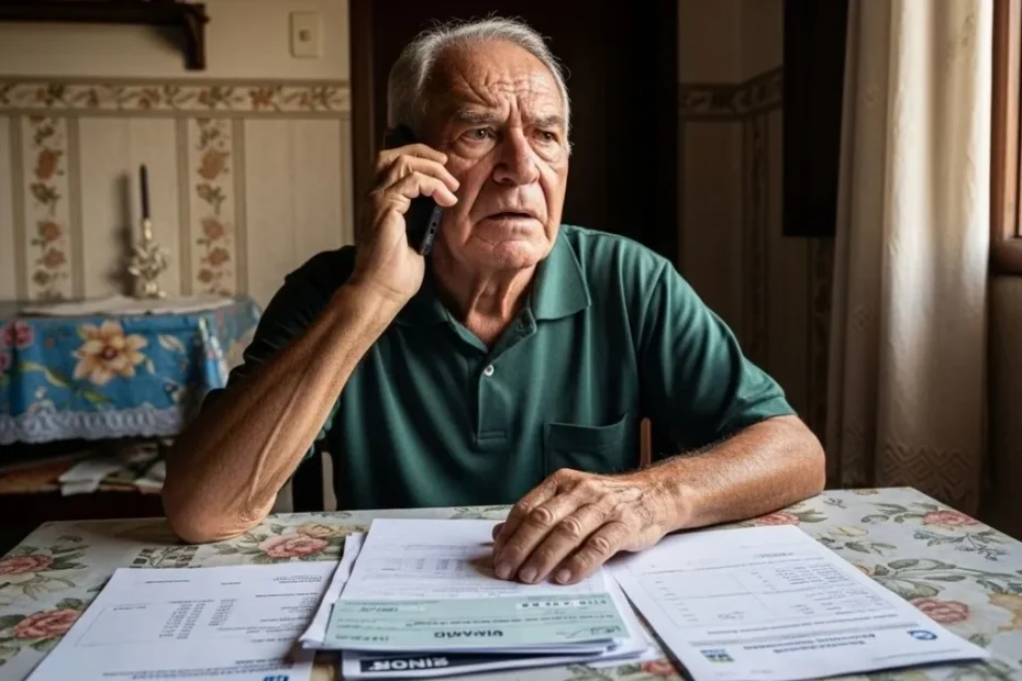 Cidadão olha preocupado para tela de celular com mensagem de golpe do MDS pedindo PIX.