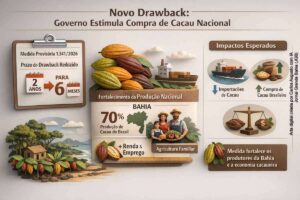 Agricultores colhendo cacau em sistema cabruca na Bahia, representando o impacto da nova regra do drawback