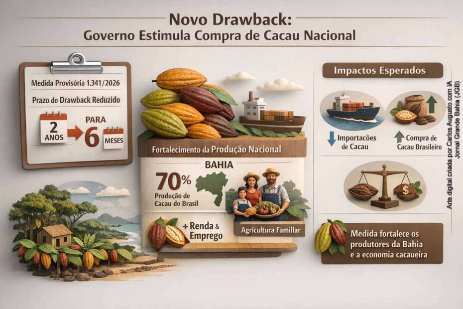 Agricultores colhendo cacau em sistema cabruca na Bahia, representando o impacto da nova regra do drawback