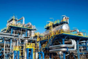 Trabalhadores em fábrica química inspecionando produção de insumos.