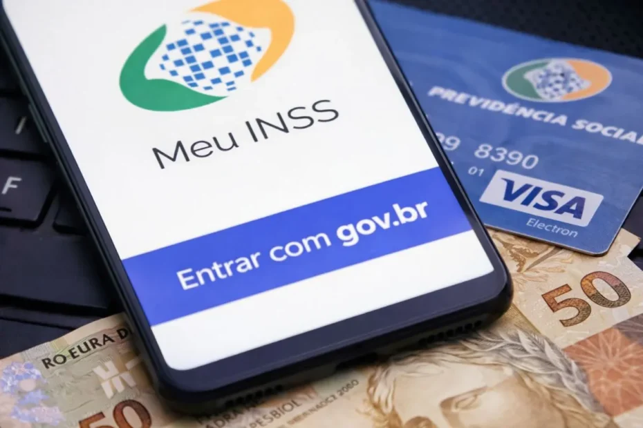 Aposentado brasileiro feliz ao verificar extrato bancário com notícia de valor extra do INSS.