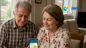 Mãos de uma pessoa idosa consultando o extrato bancário no celular, simbolizando o recebimento antecipado do INSS.
